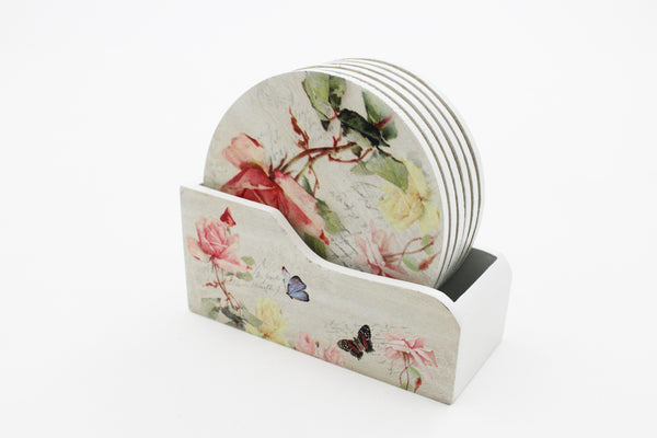Wooden Tea Coasters and Holder Set 6 pcs Wooden Coasters with Storage Holder