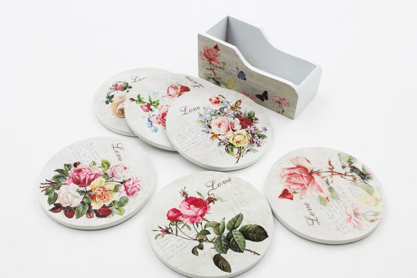 Wooden Tea Coasters and Holder Set 6 pcs Wooden Coasters with Storage Holder