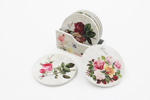 Wooden Tea Coasters and Holder Set 6 pcs Wooden Coasters with Storage Holder