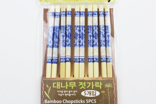 5 Pairs Bamboo Chopsticks Japanese Style Blue Flower Pattern Chopsticks