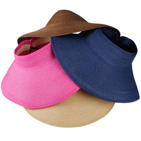 Women's Wide Brim Rollable Sun Visor Roll-Up Sun Hats Straw Beach Hats