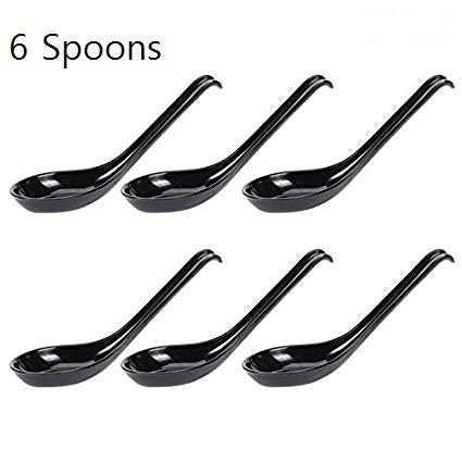 6 PCS Chinese Japanese Black Soup Spoons with Long Handle Hook