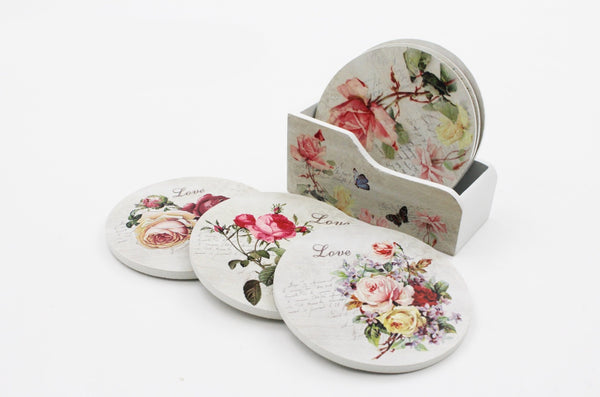 Wooden Tea Coasters and Holder Set 6 pcs Wooden Coasters with Storage Holder